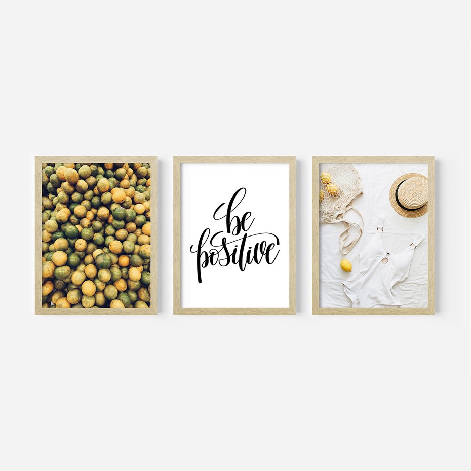 Zestaw obrazy w ramie 40x50 galeria - Cytryny, optymizm, typografia, napis - rama drewno