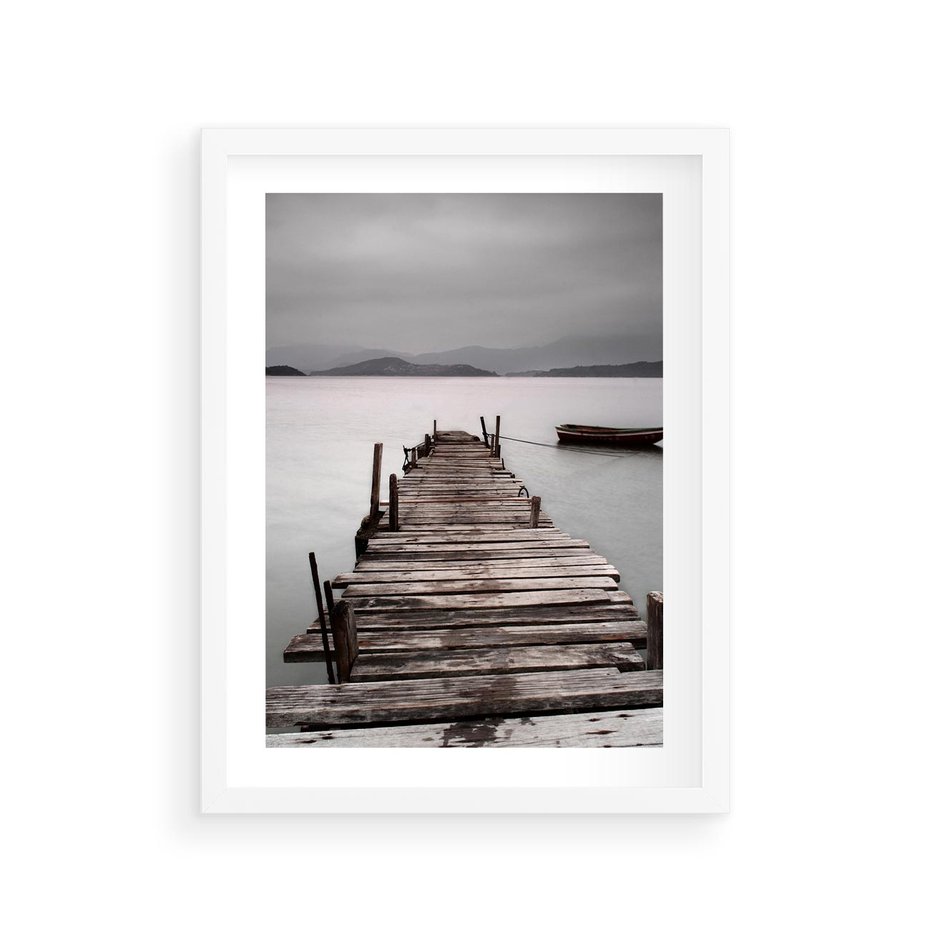 Plakat w ramie 30x40 - Spokój nad Jeziorem - pomost, jezioro - rama biała
