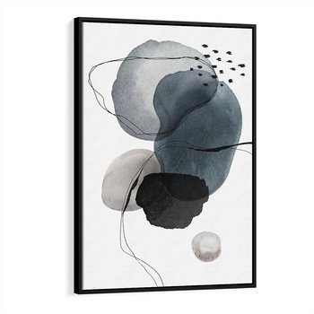 Obraz w ramie 50x70 - Wibracje Kształtów - abstrakcyjne plamy akwarelowe, czarny szkic - rama czarna