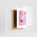 Plakat w ramie 50x70 - Roztańczone Kraby - różowe kwiaty i kraby, abstrakcyjna kompozycja - rama biała