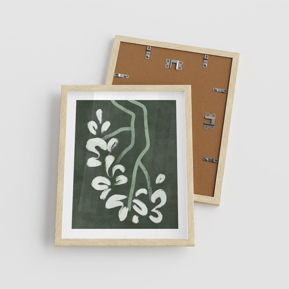 Plakat w ramie 40x50 - Rozkwitające Zielone Gałęzie - abstrakcyjne delikatne zielone linie, podobne do gałęzi kwiatów - rama drewno