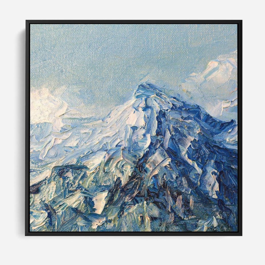 Obraz w ramie 50x50 - Majestat Błękitnych Szczytów - olejny obraz, górski pejzaż - rama czarna