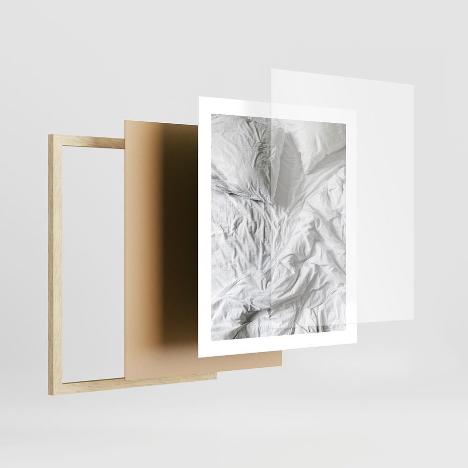 Plakat w ramie 40x50 - Biała Pościel na Łóżku - biała pościel, łóżko - rama drewno