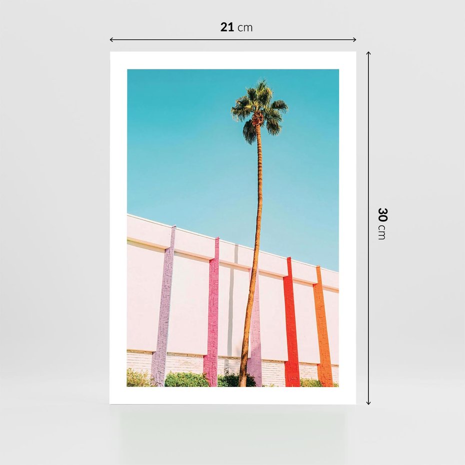Plakat bez ramy 21x30 - Tropikalny Kontrast - palma na tle błękitnego nieba, kolorowy mur