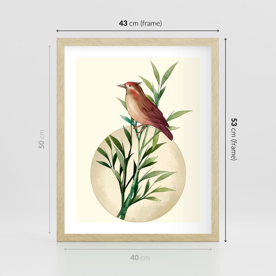 Plakat w ramie 40x50 - Rozkwitająca Delikatność - japońska sztuka, ptak - rama drewno