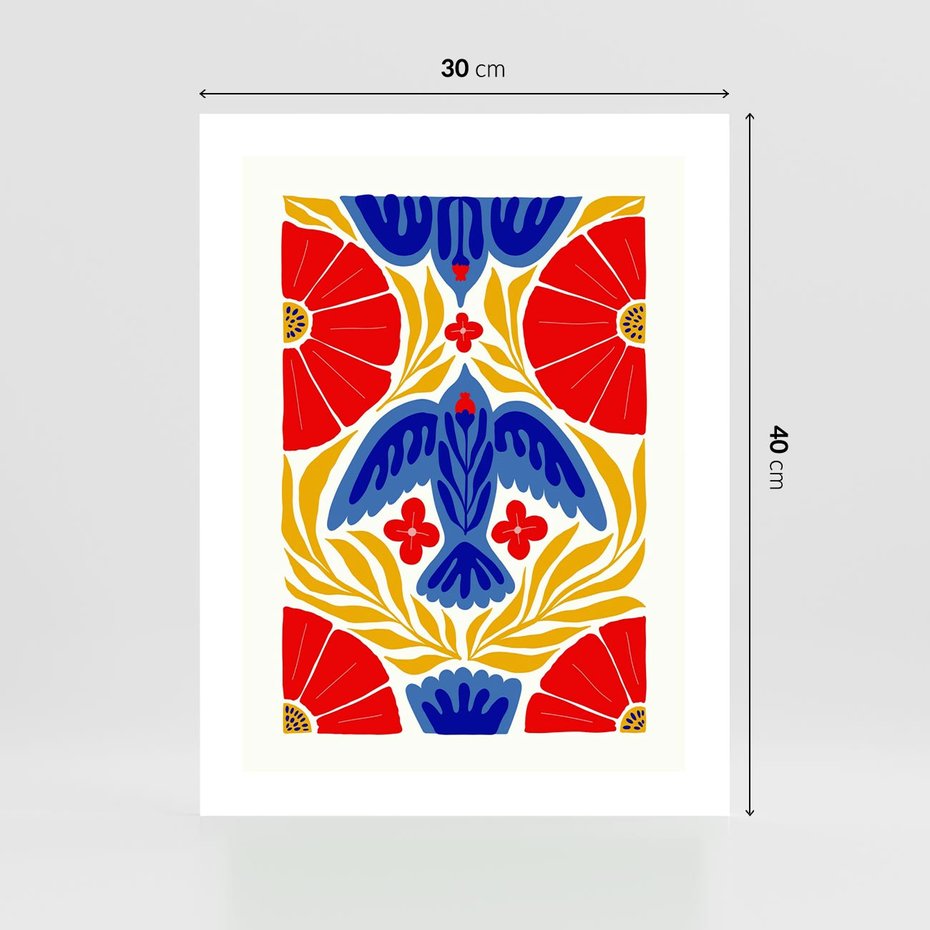 Plakat bez ramy 30x40 - Eklektyczny Majestat - wyrazista grafika, mocne kolory czerwień niebieski żółty