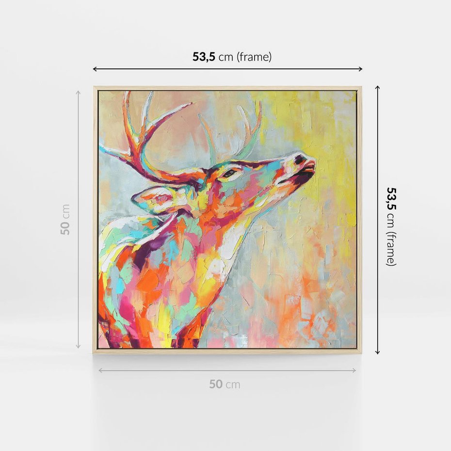 Obraz w ramie 50x50 - Impresje snów malarza - kolorowy olejny obraz, jeleń ryczący na rykowisku - rama drewno