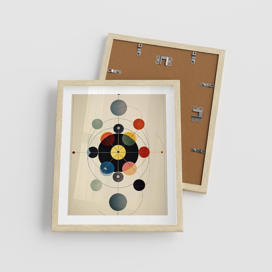 Plakat w ramie 40x50 - Bezgraniczny Taniec Światła - abstrakcyjna geometryczna kompozycja, koła linie - rama drewno