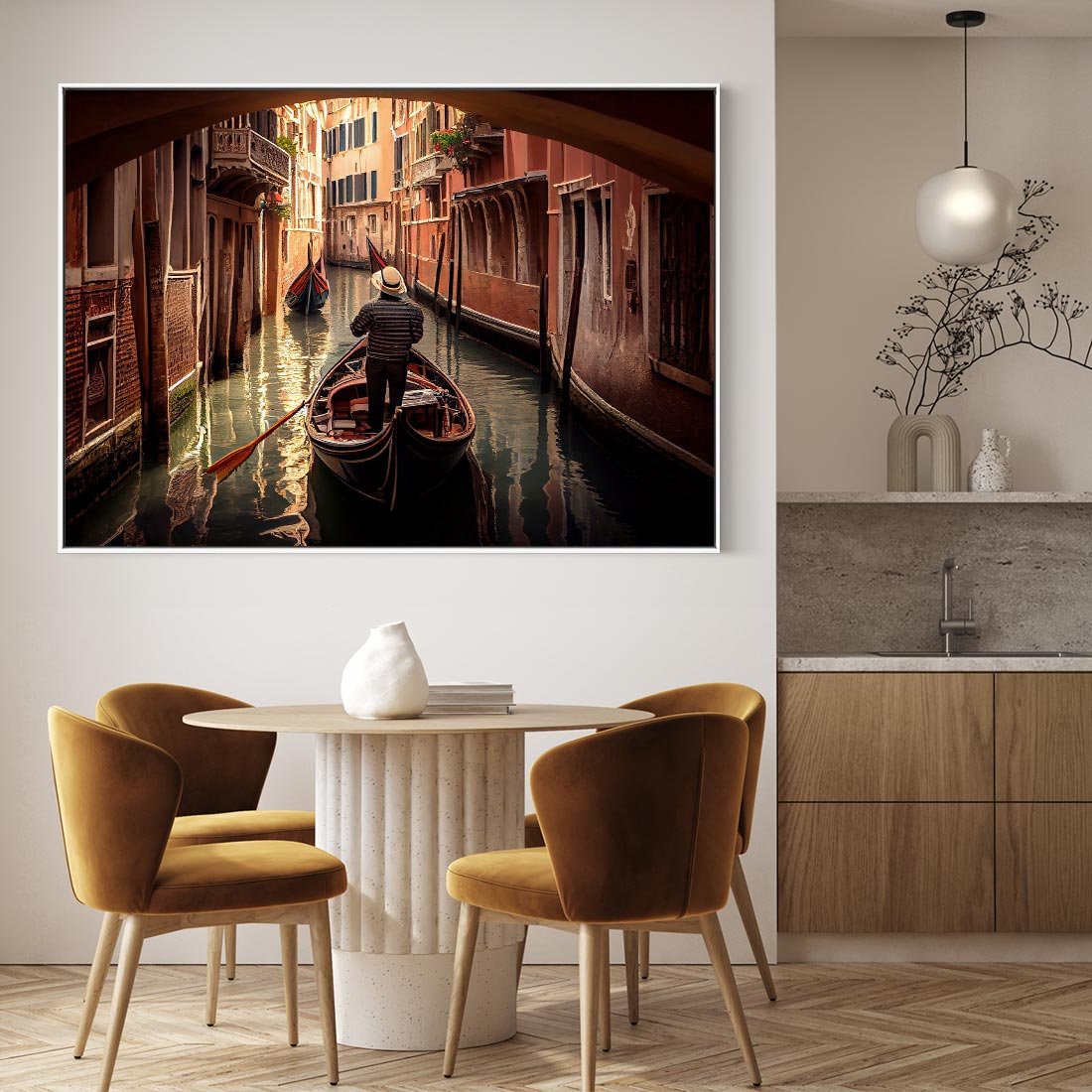 Obraz w ramie 120x80 - Spokojna Wenecja - gondolier w gondoli, kanały Wenecji - rama biała