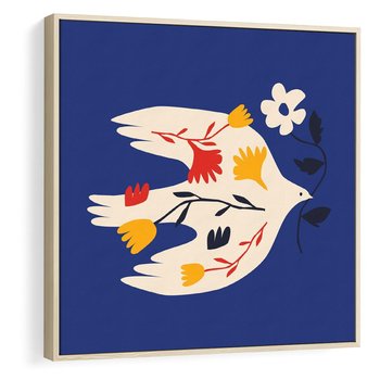 Obraz w ramie 50x50 - Bezczasowy Szept - niebieskie tło, abstrakcyjny biały ptak - rama drewno