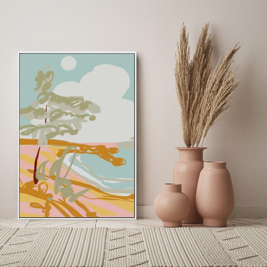 Obraz w ramie 80x120 - Spokojny Wiatr - pastelowy krajobraz, nowoczesny plakat - rama biała