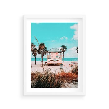 Plakat w ramie 40x50 - Plaża, Palmy i Spokój Miami - budka ratownika, plaża Miami - rama biała