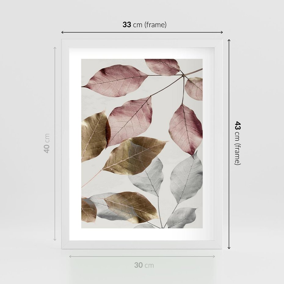 Plakat w ramie 30x40 - Pastelowe Liście z Nutką Złota - liście, pastelowe kolory - rama biała