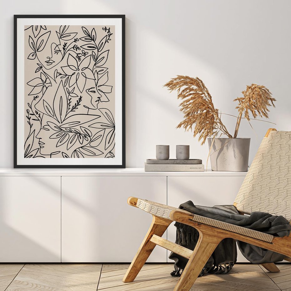 Plakat bez ramy 50x70 - Kobiecy Portret Duszy - beżowe tło, czarny szkic nowoczesnych kwiatów