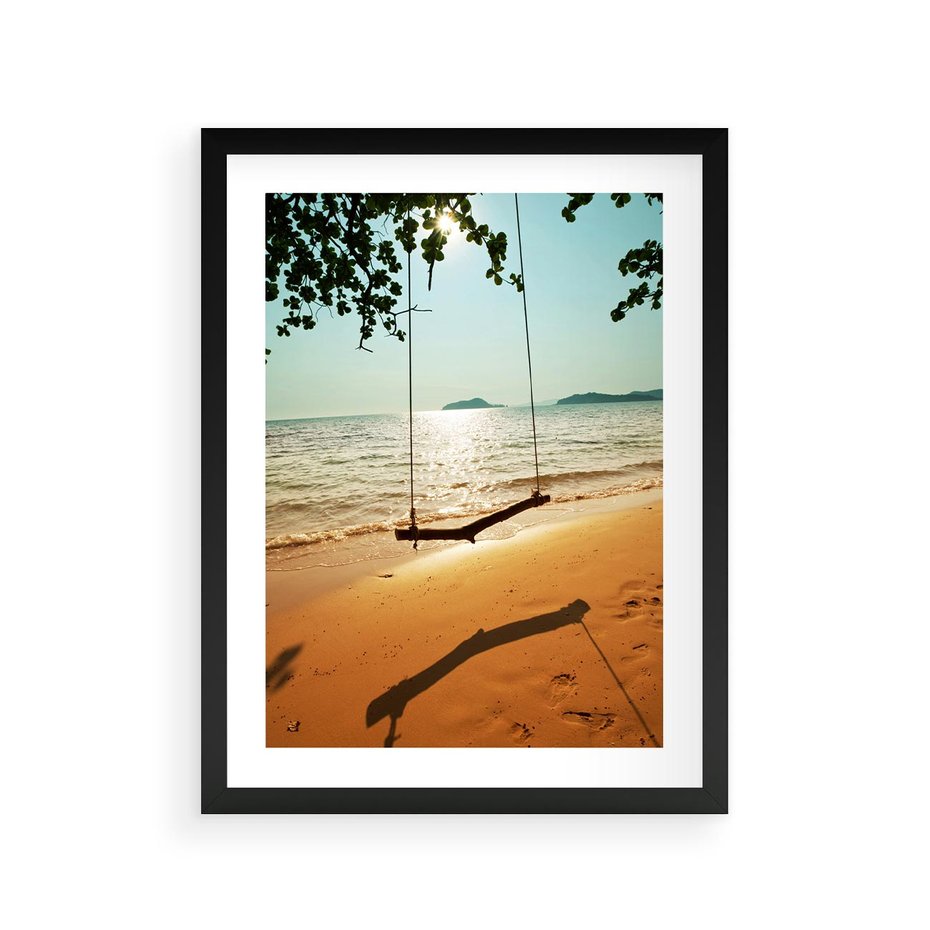 Plakat w ramie 30x40 - Tropikalna plaża i huśtawka - plaża, tropiki - rama czarna