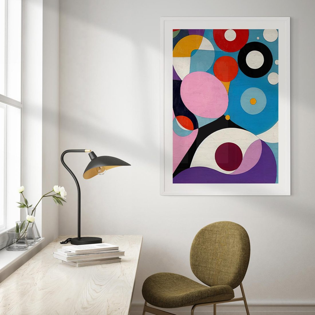 Plakat w ramie 30x40 - Kolorowe Ulotności - abstrakcyjny obraz olejny, żywe kolory - rama biała