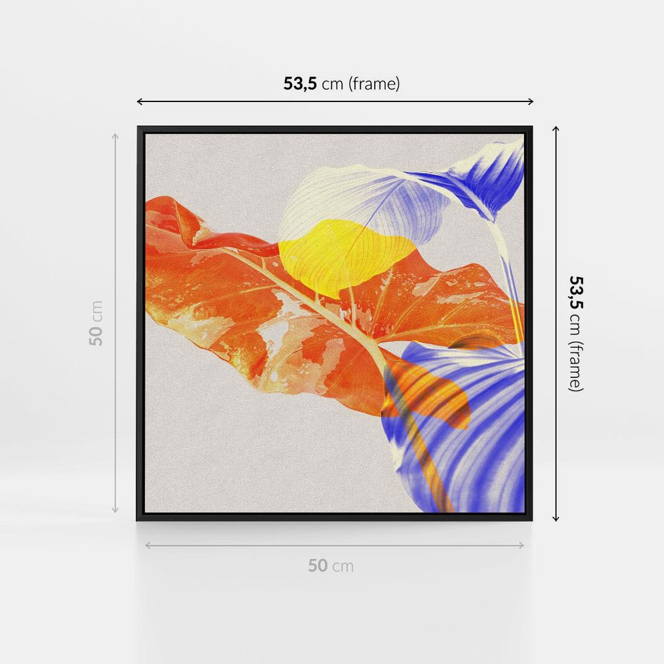 Obraz w ramie 50x50 - Energetyczne Indygo - retro, tropikalne liście - rama czarna