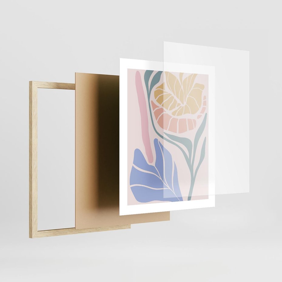 Plakat w ramie 40x50 - Wyjątkowe Ukojenie - pastelowe kwiaty, na beżowym tle - rama drewno
