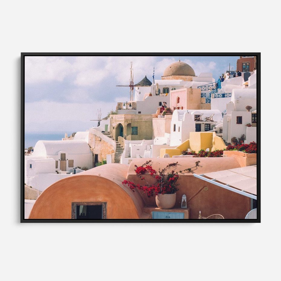 Obraz w ramie 100x70 - Błękit Morza i Białe Domki - Santorini, wyspa - rama czarna