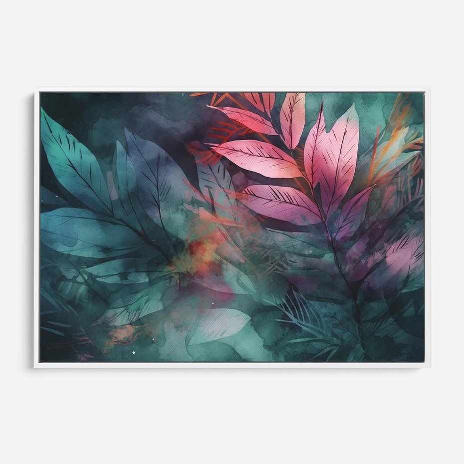 Obraz w ramie 70x50 - Subtelne Zielone - pastelowe zielone liście, róż - rama biała