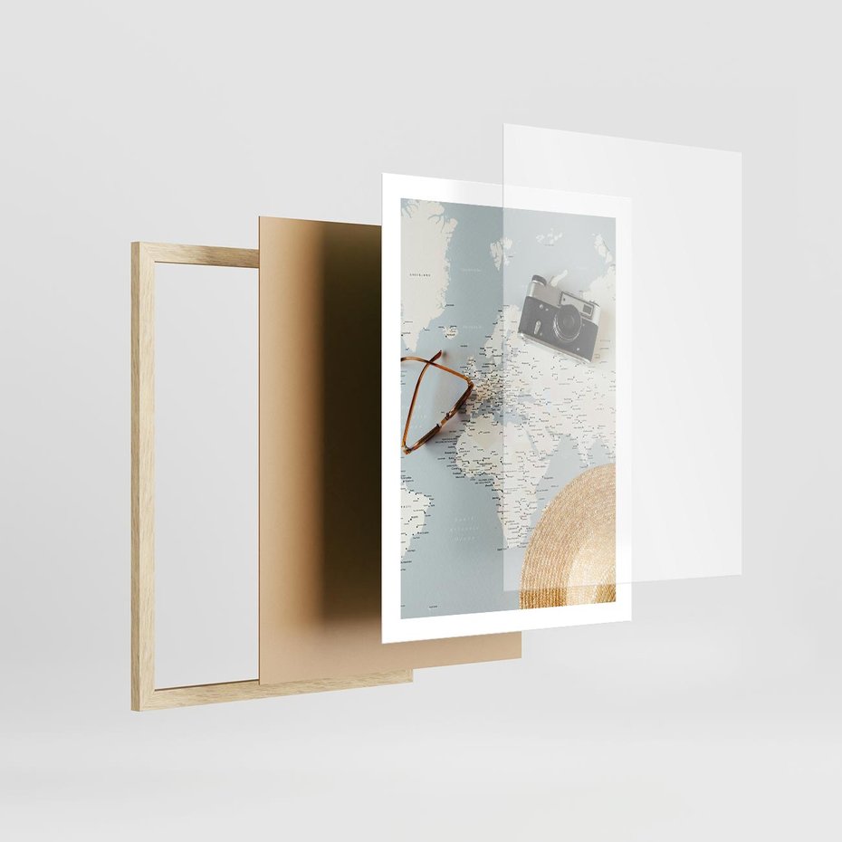 Plakat w ramie 50x70 - Świat w Kadrze - mapa, aparat - rama drewno