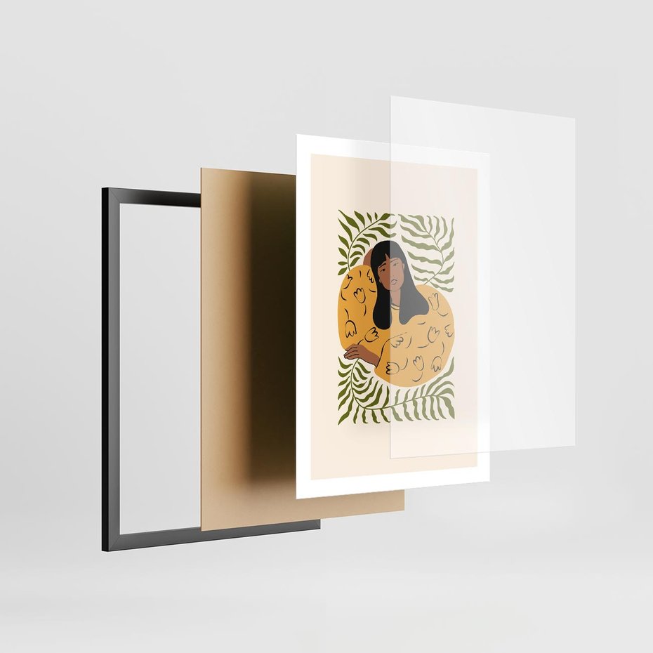 Plakat w ramie 50x70 - Malowane Odbicia Wyobraźni - nowoczesny plakat, kobieta otoczona liśćmi - rama czarna