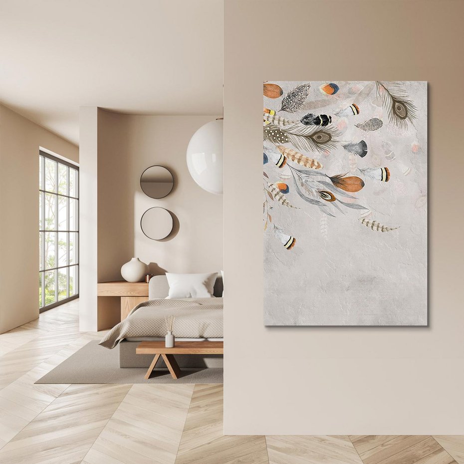 Obraz na płótnie 50x70 - Sploty losu na płótnie - kompozycja boho piór, indiańskie pióra