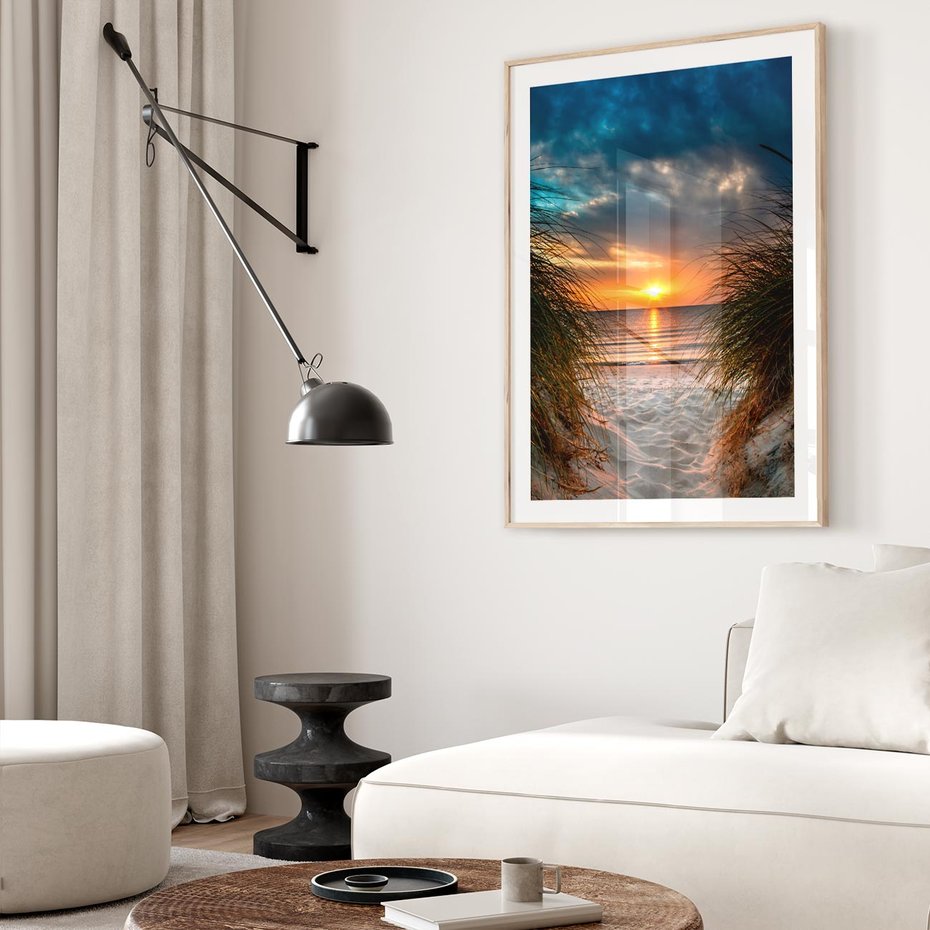 Plakat w ramie 30x40 - Magia zachodu słońca na plaży - zachód, słońca - rama drewno