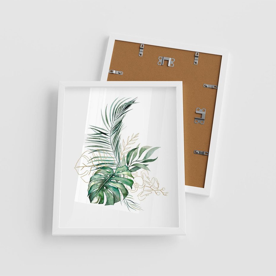 Plakat w ramie 40x50 - Luksus w Detalu - złote, liście - rama biała