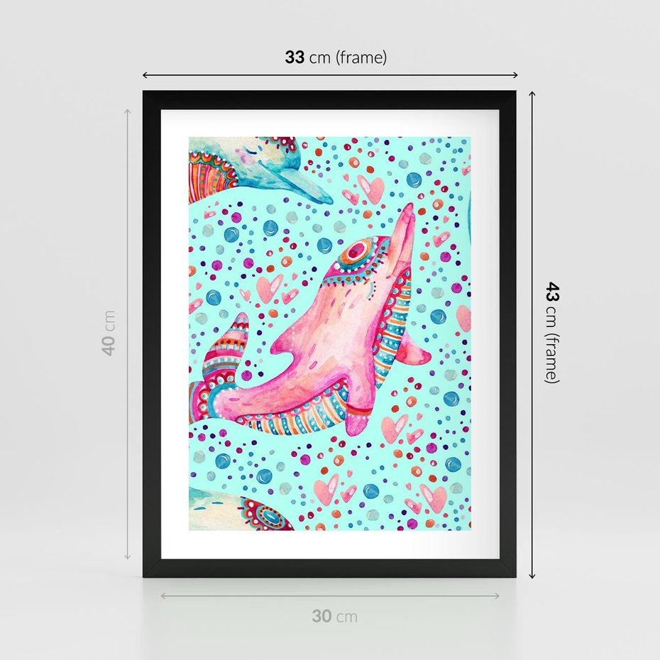 Plakat w ramie 30x40 - Lekkość W Ruchu - delfin, akwarela - rama czarna