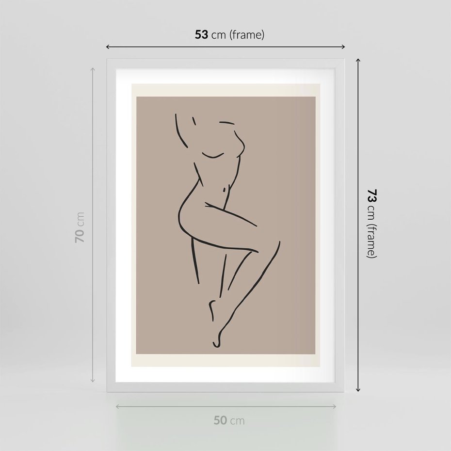 Plakat w ramie 50x70 - Zanikająca Wyobraźnia - mnimalistyczny akt, beżowa tonacja - rama biała