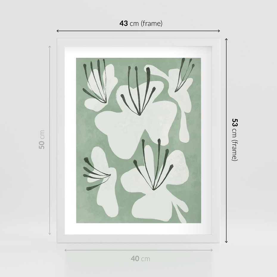 Plakat w ramie 40x50 - Rozkwitające Ukojenie - zgaszona zieleń, kwiaty - rama biała