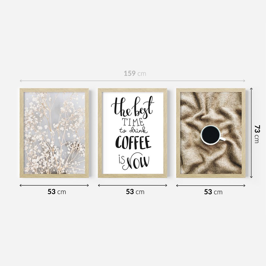 Zestaw obrazy w ramie 50x70 galeria - Kawa, typografia, kwiaty - rama drewno