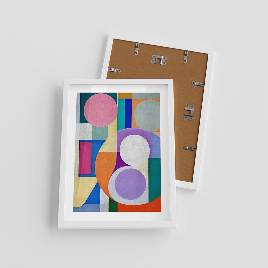 Plakat w ramie 30x40 - Migotliwe Impulsy Dźwięku - różne geometryczne formy, koła - rama biała