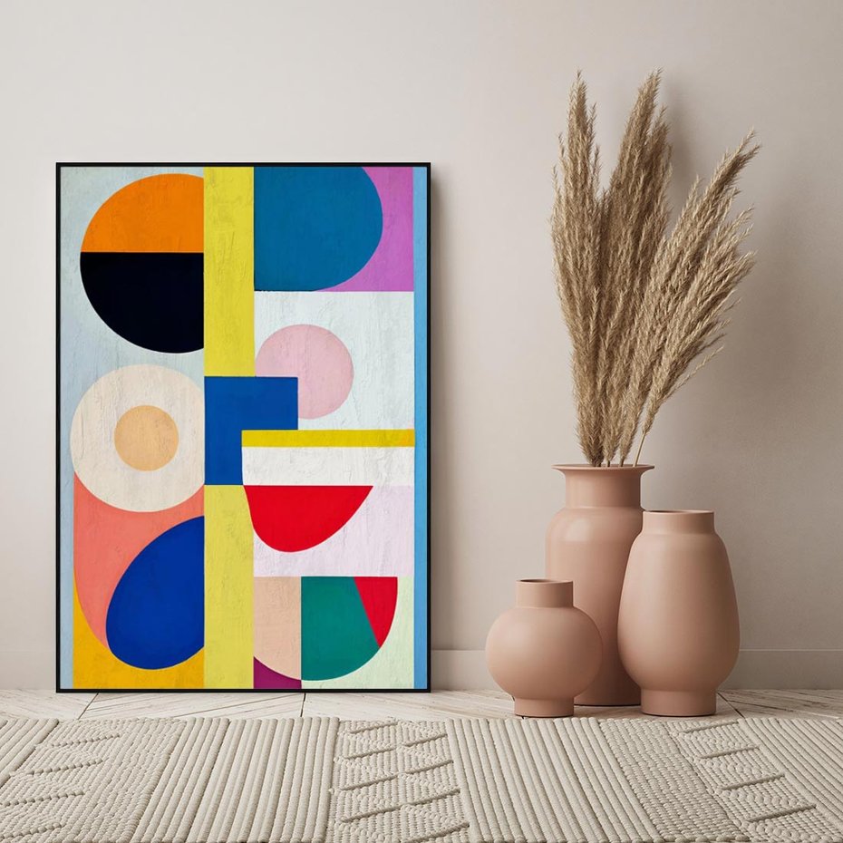 Obraz w ramie 50x70 - Harmonia Kolorowych Impulsów - abstrakcyjne geometryczne kształty, olejny obraz - rama czarna