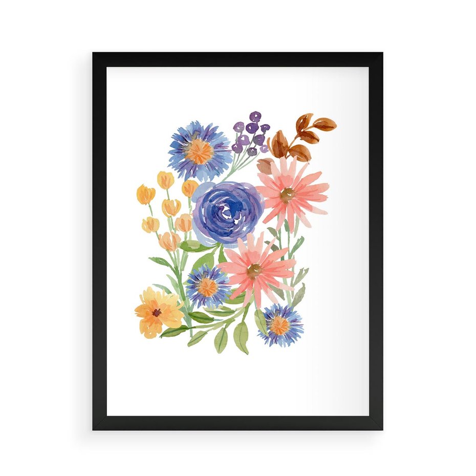 Plakat w ramie 50x70 - Migocące Widoki Kwiatów - akwarelowe polne kwiaty, minimalistyczny plakat - rama czarna