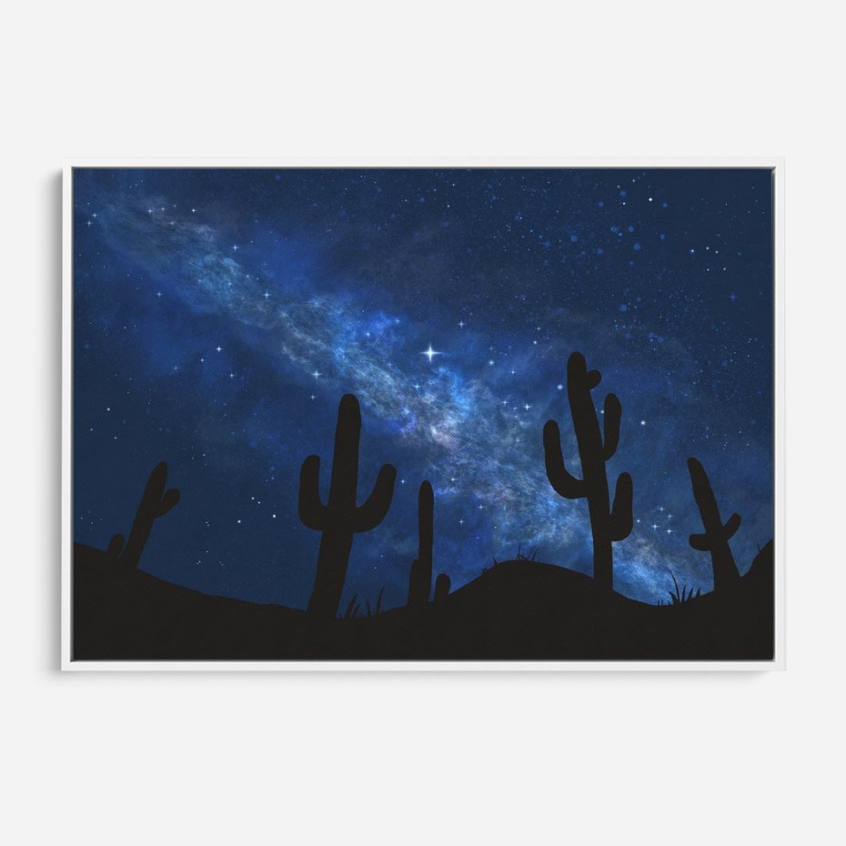 Obraz w ramie 100x70 - Nocne Tajemnice Pustyni - gwieździsta noc, granatowe niebo - rama biała