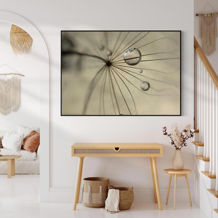 Obraz w ramie 100x70 - Delikatność dmuchawców - dmuchawce, krople - rama czarna