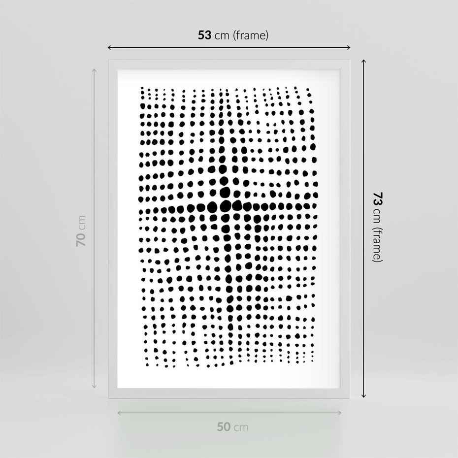 Plakat w ramie 50x70 - Refleksje Monochromatycznych Widoków - abstrakcyjna kompozycja z czarnych kropek, minimalistyczny czarno bialy plakat - rama biała