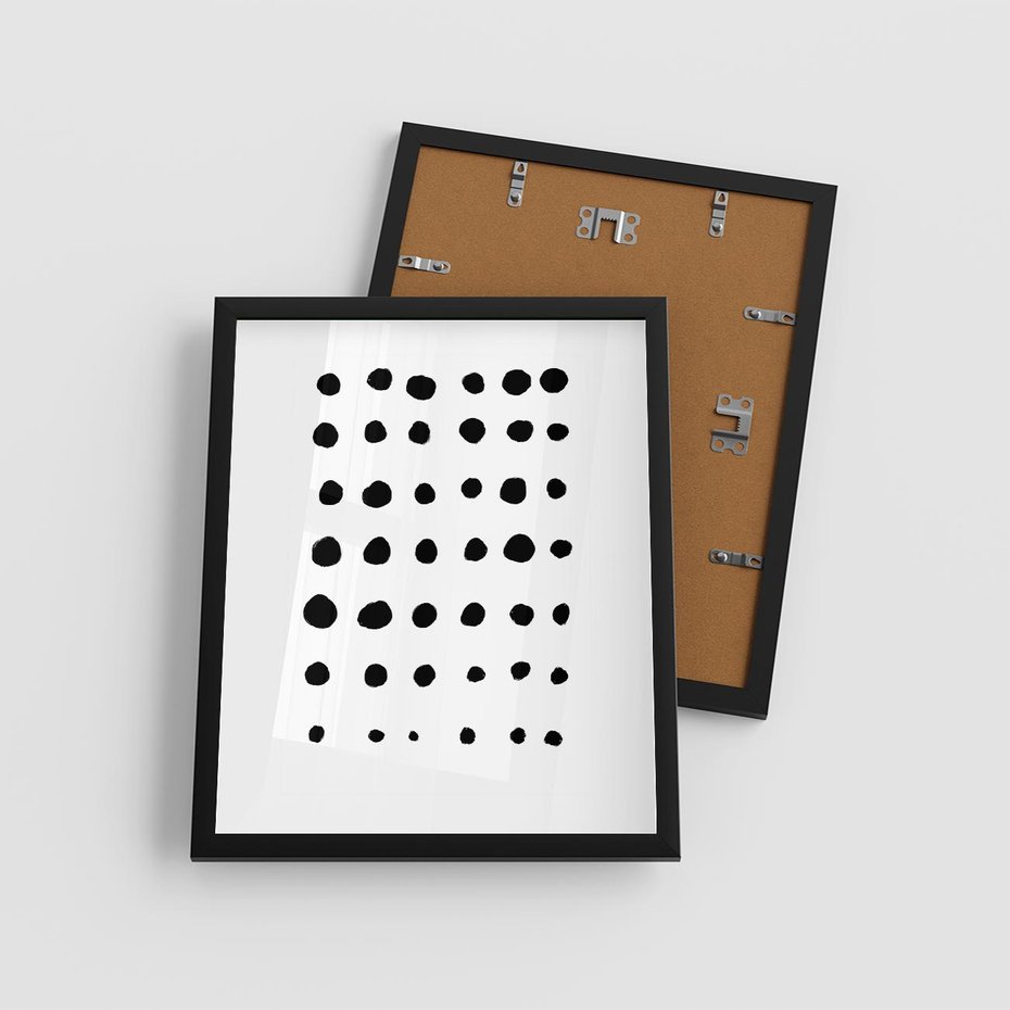 Plakat w ramie 40x50 - Refleksje Światła - minimalistyczna kompozycja, czarne kropkina białym tle - rama czarna