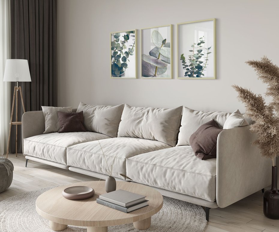 Zestaw obrazy w ramie 30x40 galeria - Eukaliptus, liście, skandynawski, boho - rama drewno