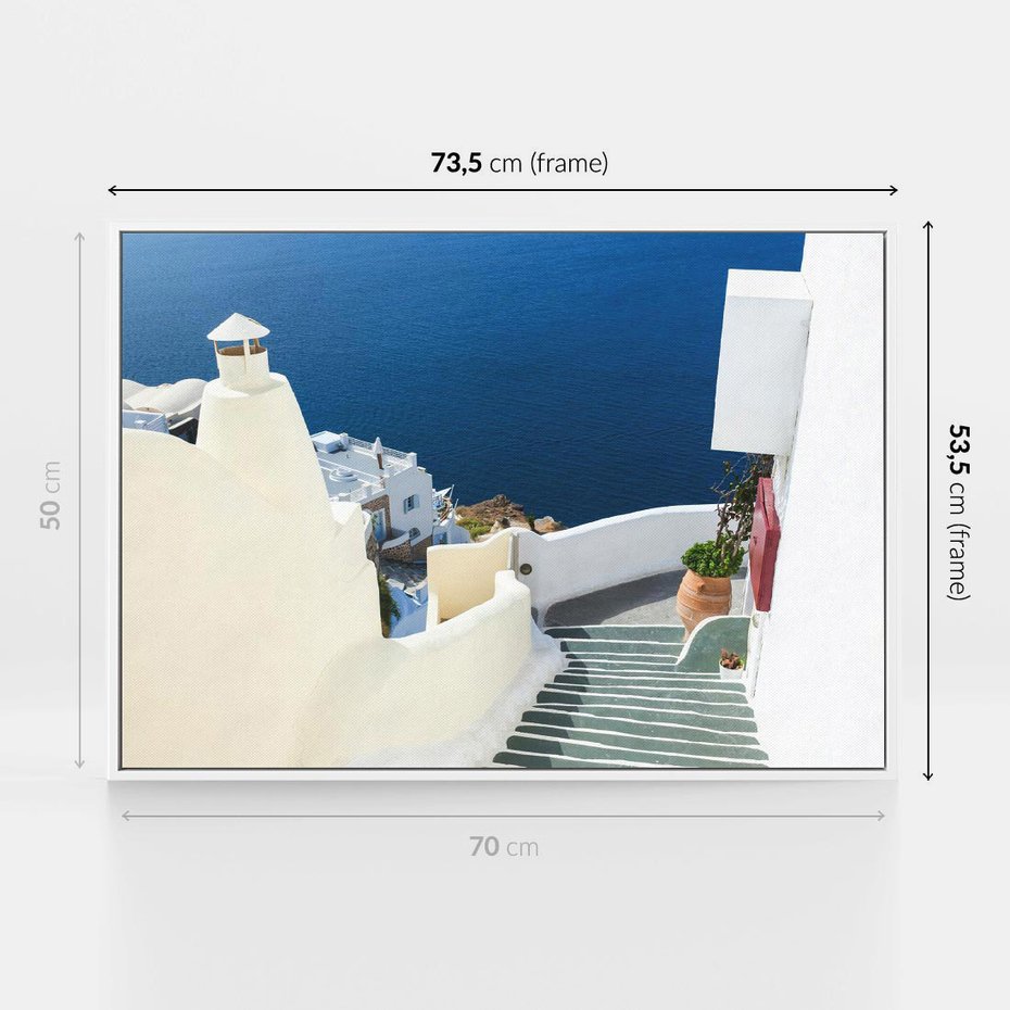 Obraz w ramie 70x50 - Malowniczy urok wyspy - Santorini, schodki - rama biała