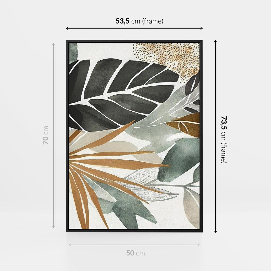 Obraz w ramie 50x70 - Współbrzmienie wewnętrznego ja - kompozycja z tropikalnych liści, stonowane kolory - rama czarna