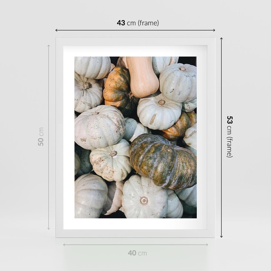 Plakat w ramie 40x50 - Minimalizm Jesieni - dynie, białe - rama biała