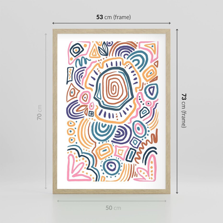 Plakat w ramie 50x70 - Strukturalne Odbicia Boho - kolorowe etniczne wzory, tęczowe żywe kolory - rama drewno