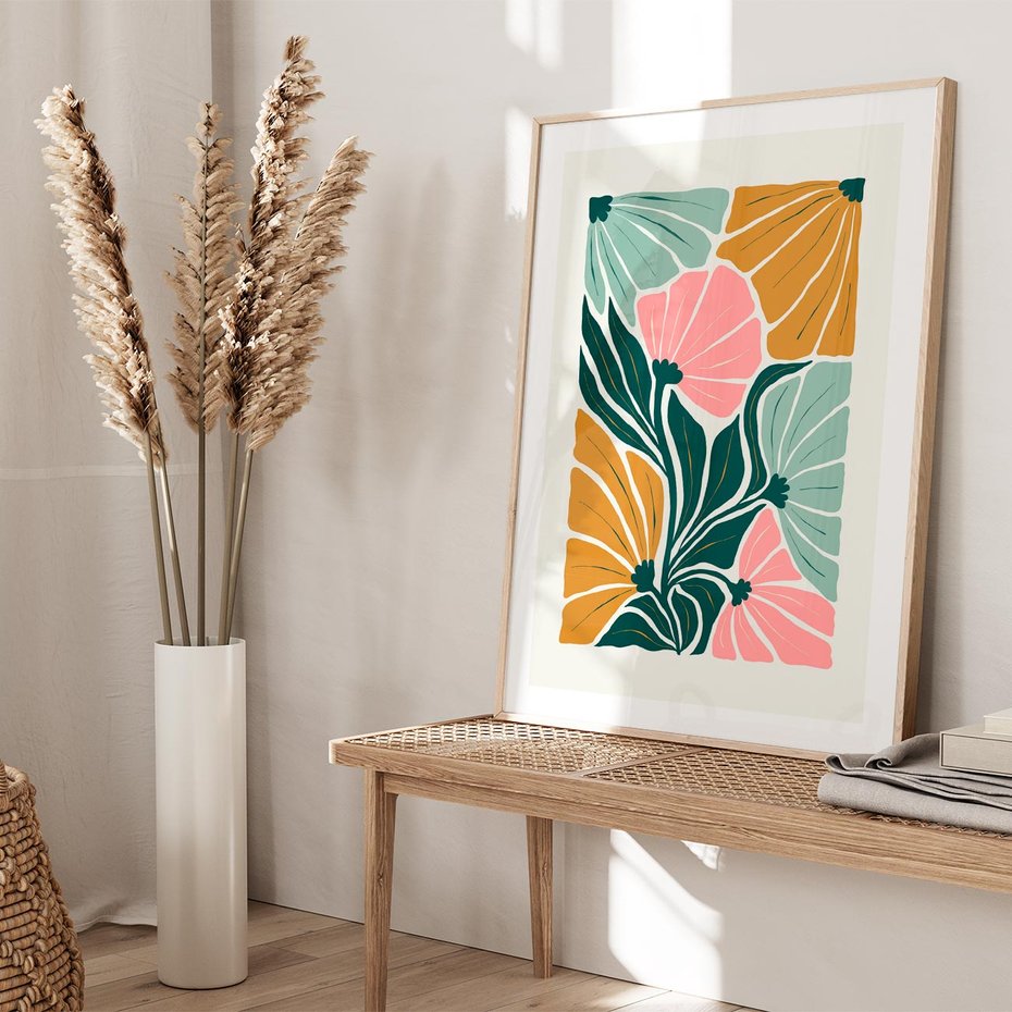 Plakat w ramie 50x70 - Rozplątane Myśli - abstrakcyjna kompozycja, pastelowe kwiaty - rama drewno