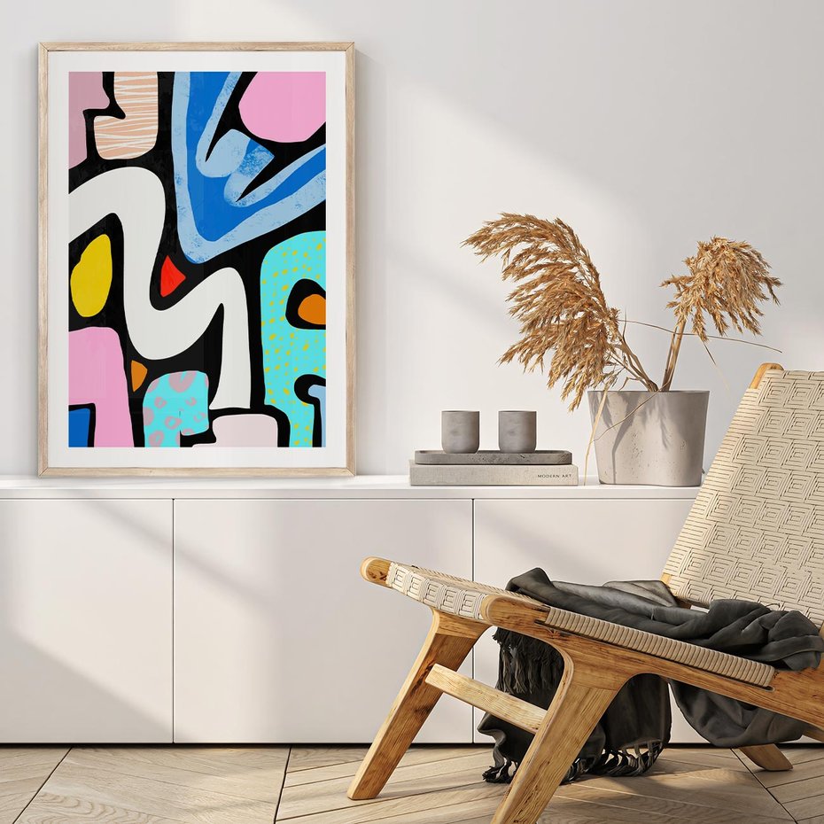 Plakat w ramie 30x40 - Komiksowe Formy - abstrakcyjne formy, komiksowy styl - rama drewno