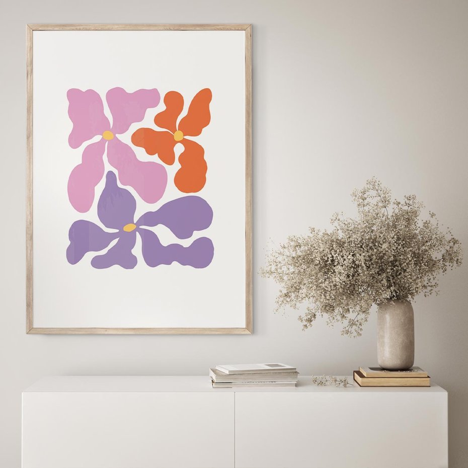 Plakat w ramie 40x50 - Bezgraniczne Wibracje - abstrakcyjne kolorowe kwiaty, minimlizm - rama drewno