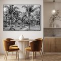 Obraz w ramie 100x70 - Mroczna Ścieżka Tropików - czarno biała fotografia, ścieżka pośród palm - rama czarna