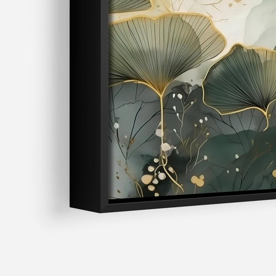 Obraz w ramie 50x50 - Natura w Złotym Odcieniu - złote elementy, liście miłorzębu japońskiego - rama czarna